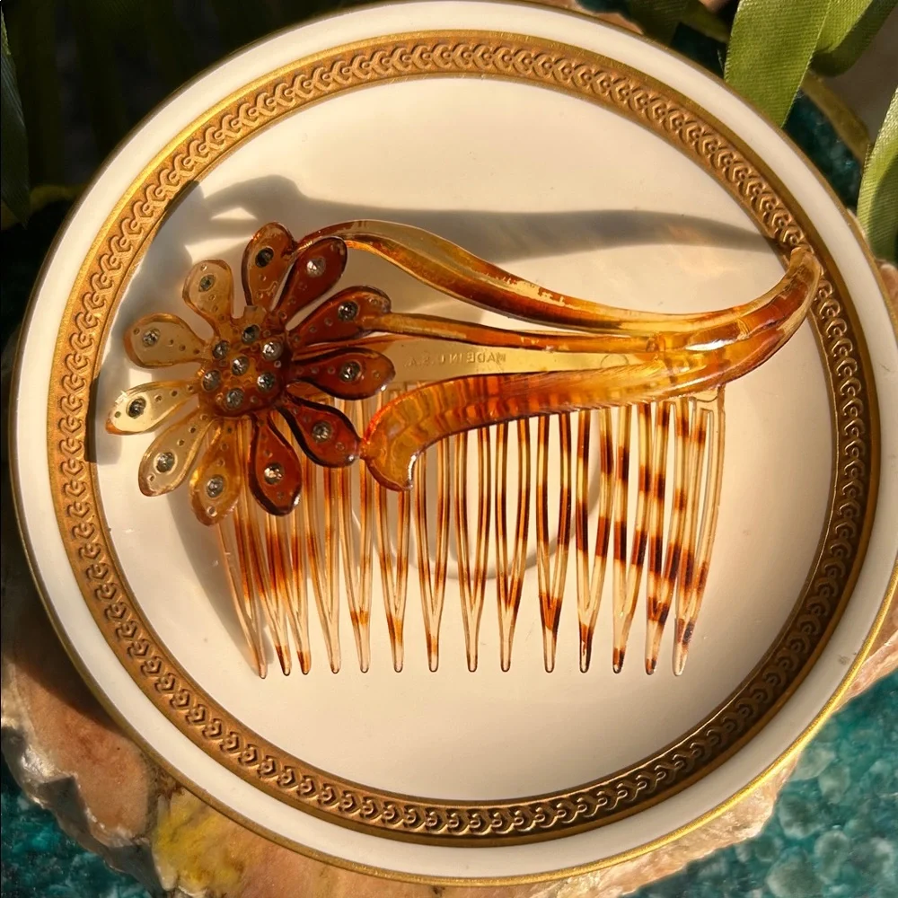 Vintage Tortoiseshell Celluloid Hair Comb w Flower & Rhinestones